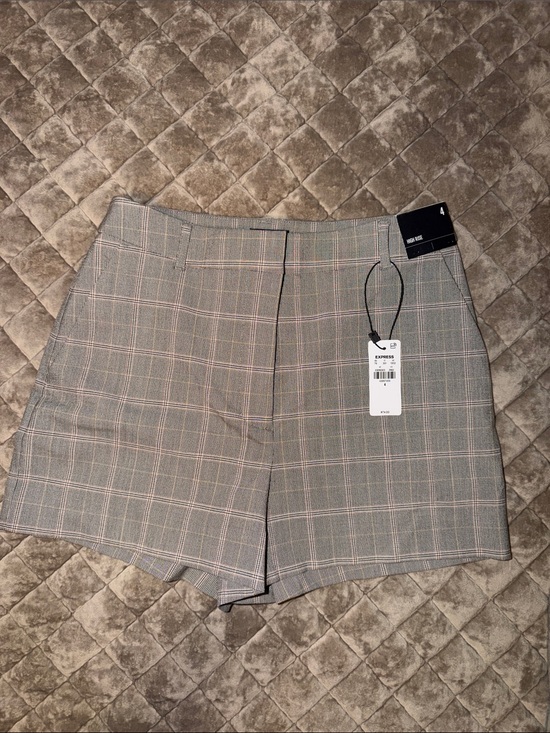Express Pants - Express Gray Plaid High-Rise Shorts with Pink Windowpane